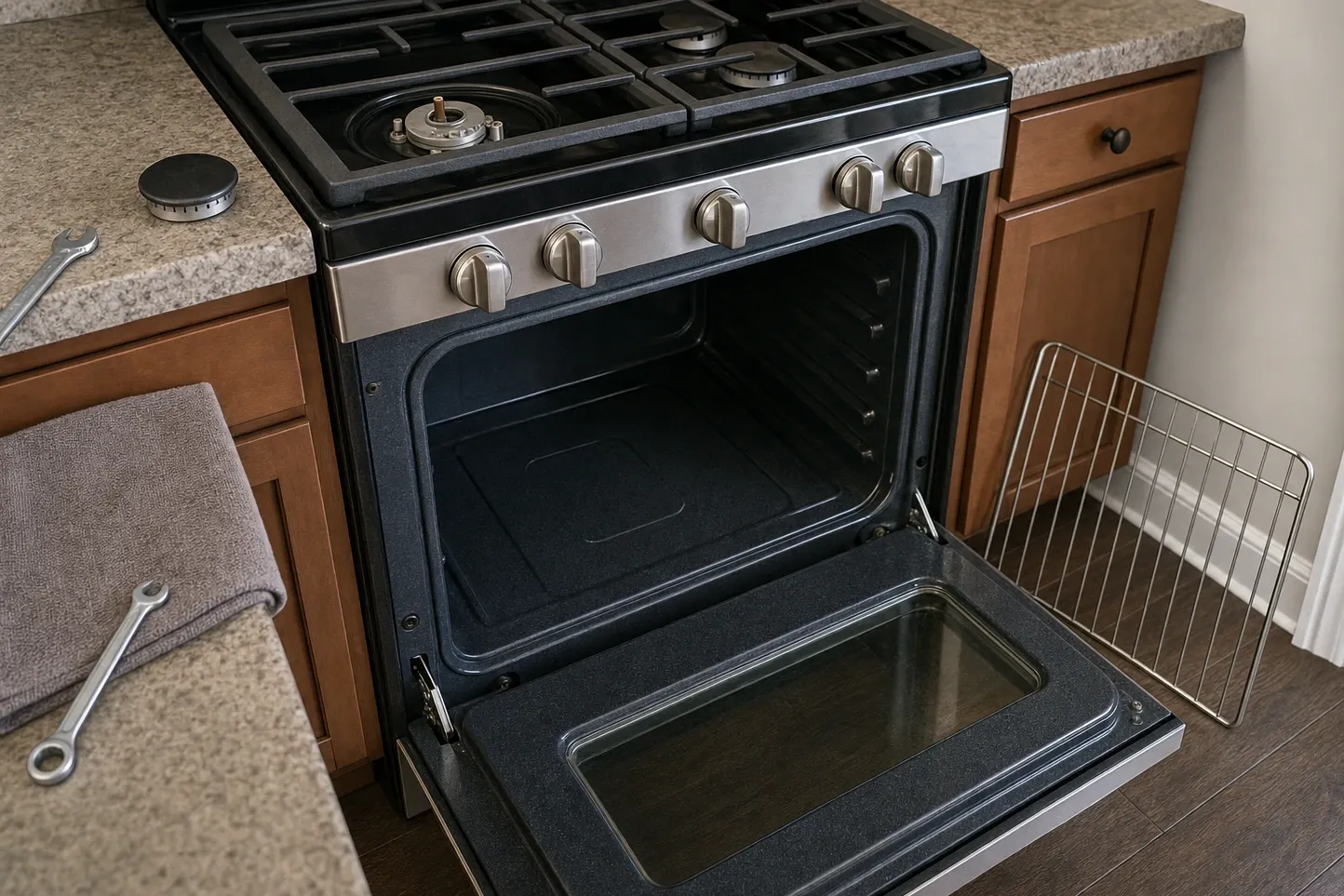 Gas range with the oven door dropped open and the rack taken out, wrenches on a towel on the counter alongside