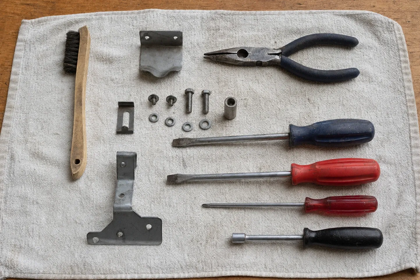 Flat-lay on a coarse cream towel of a T-shaped mounting plate, a formed bracket and a small slotted clip, with bolts, washers and a spacer beside linesman pliers, three screwdrivers, a nut driver and a wooden brush