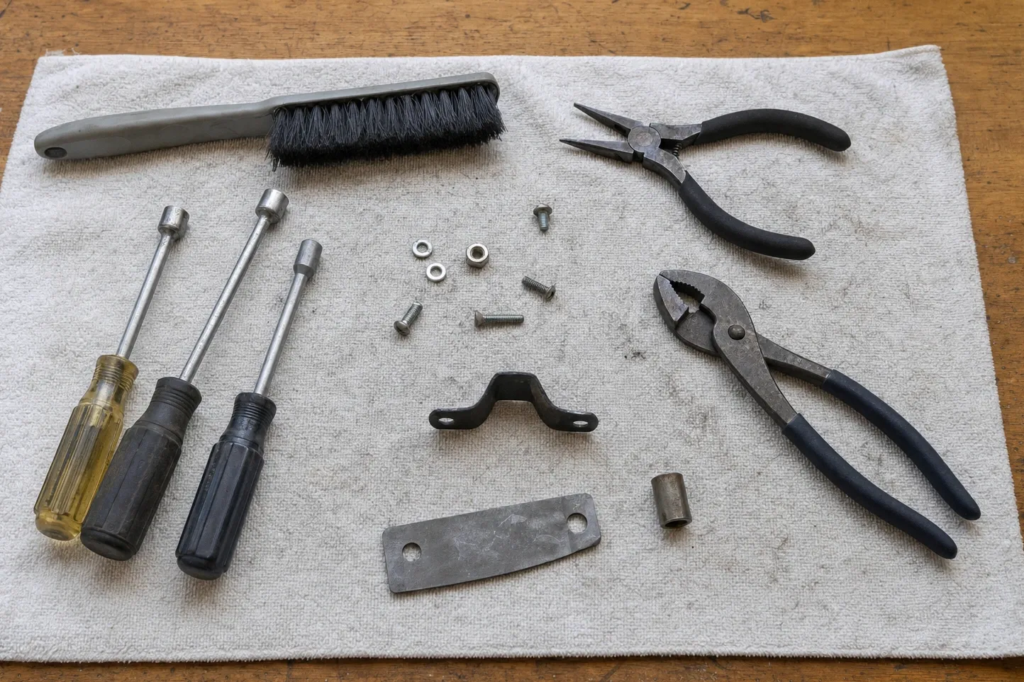 Flat-lay on a grey towel over wood of a grey-handled counter brush, three nut drivers, needle-nose and slip-joint pliers, a saddle clamp, a flat steel strap plate, a spacer and loose screws, nuts and washers