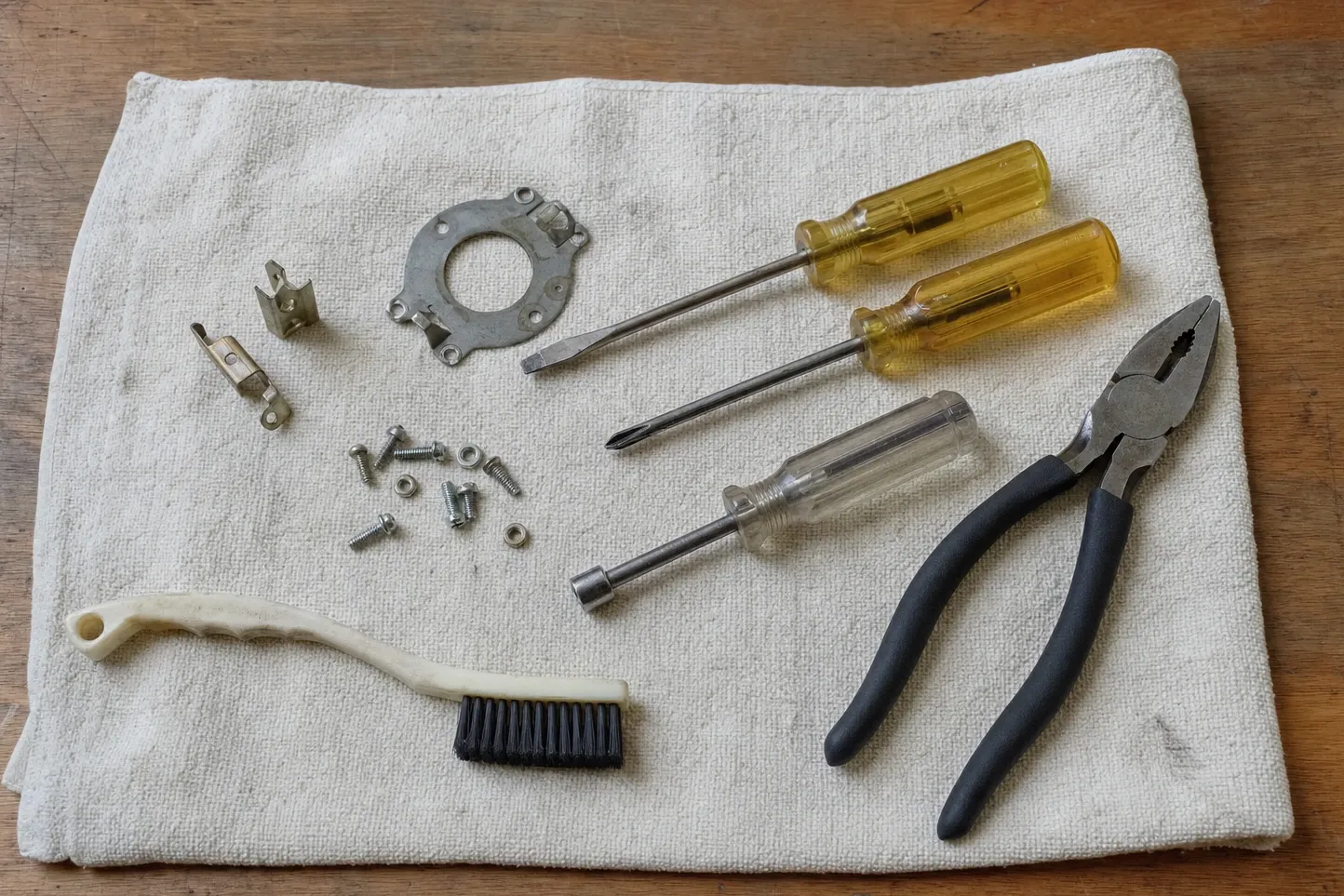 Flat-lay on a cream towel of a round flange ring with a centre hole, a small stamped clip and a two-hole terminal piece, with two yellow-handled screwdrivers, a clear-handled nut driver, linesman pliers, a white-handled brush and scattered screws and nuts